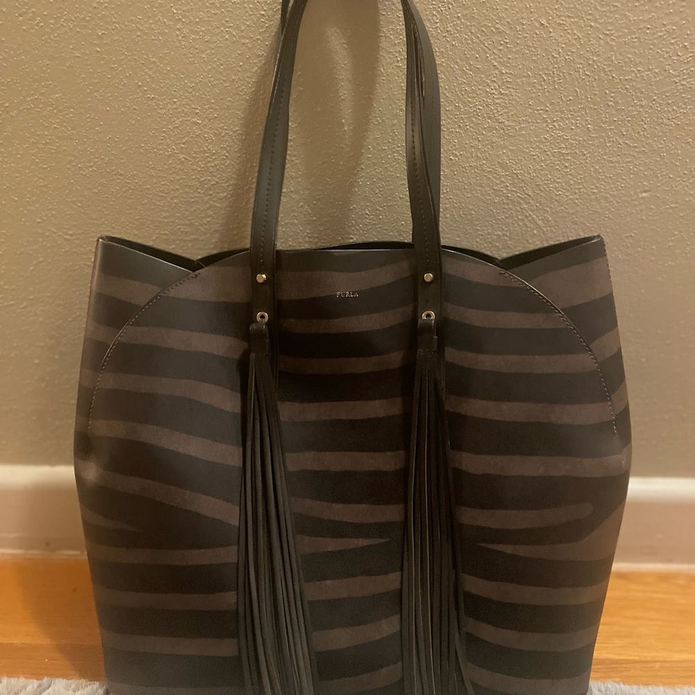 Furla Black and Gray Striped Tote Bag EUC